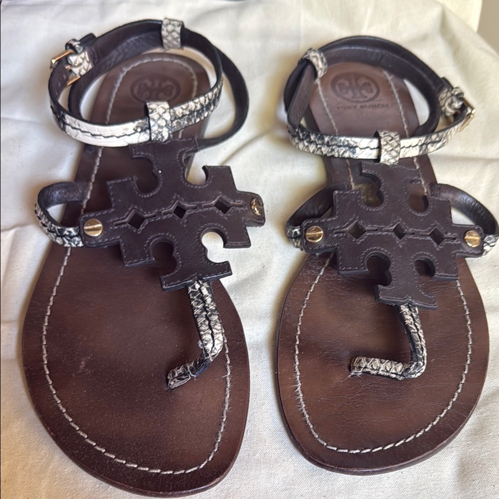 Tory Burch Chandler  brown leather sandals with snakeskin detail